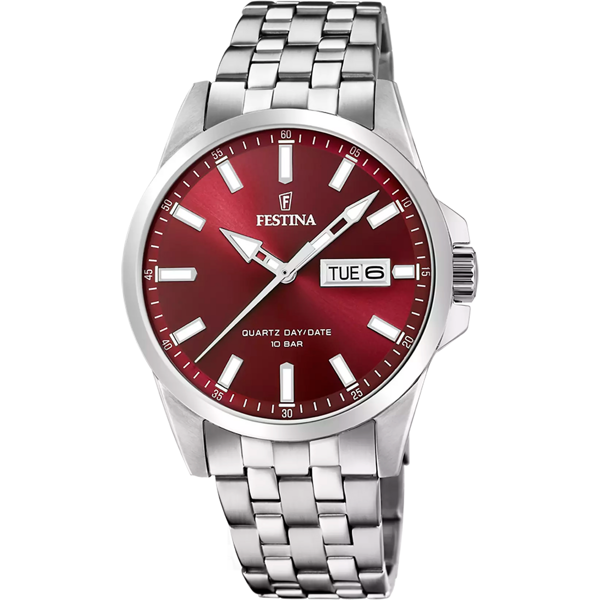 Montre homme Festina CLASSICS F20357/G – cadran grenat bracelet acier – vue de face