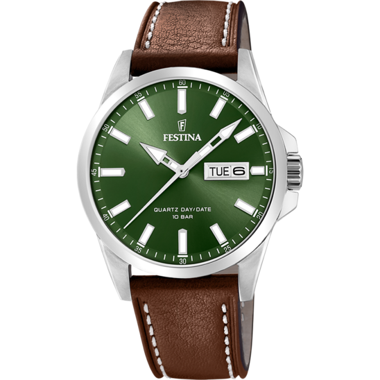 Heren horloge Festina CLASSICS F20358/5 – donkergroene leren band met wijzerplaat – vooraanzicht