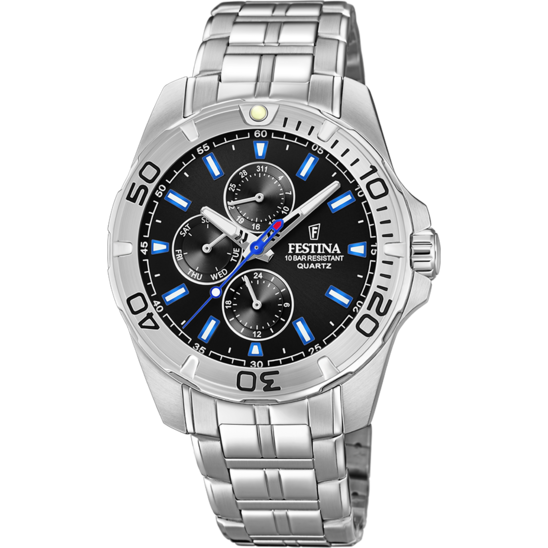Montre homme Festina MULTIFUNCTION F20445/6 – cadran noir bracelet acier – vue de face