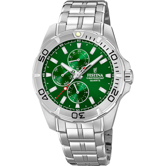 Montre homme Festina MULTIFUNCTION F20445/7 – cadran vert bracelet acier – vue de face