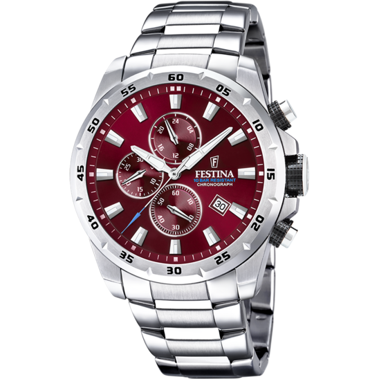Montre homme Festina TIMELESS CHRONOGRAPH F20463/5 – cadran grenat bracelet acier – vue de face