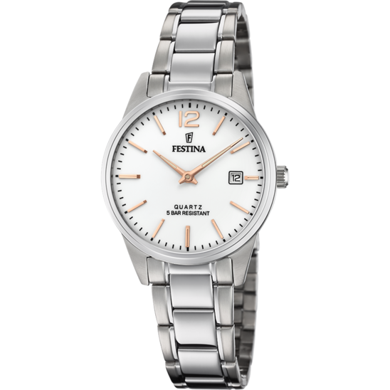Dameshorloge Festina KLASSIEKERS F20509/2 – zilveren wijzerplaat stalen band – vooraanzicht