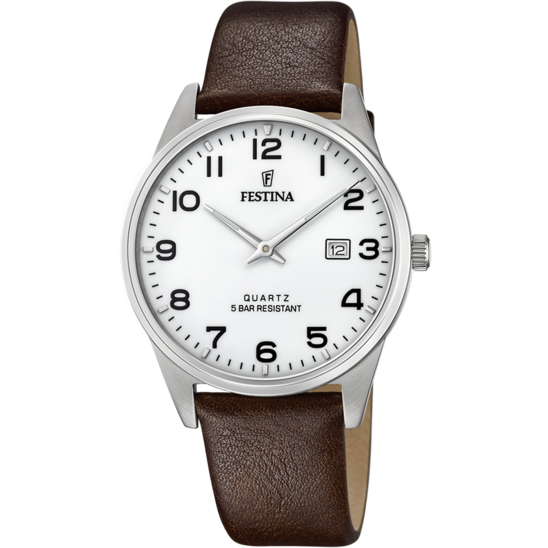 Heren horloge Festina CLASSICS F20512/1 – leren band met witte wijzerplaat – vooraanzicht