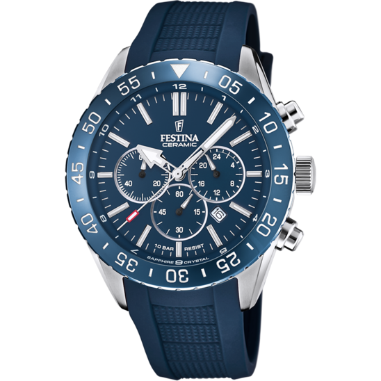 Pánské hodinky Festina CERAMIC F20515/1 – modrý ciferník pryžový pásek – pohled zepředu