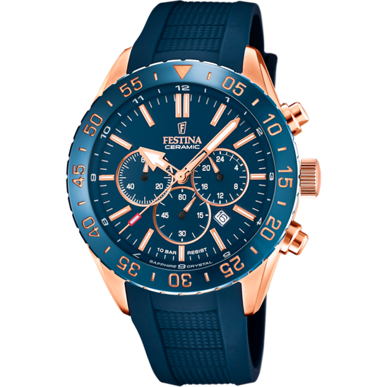 Pánské hodinky Festina CERAMIC F20516/1 – modrý ciferník pryžový pásek – pohled zepředu