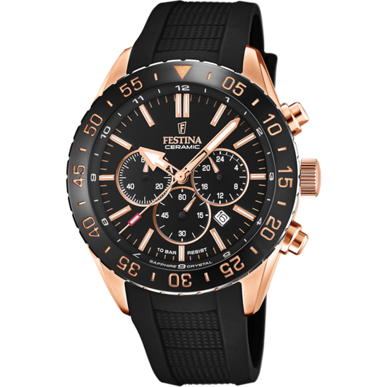 Pánské hodinky Festina CERAMIC F20516/2 – černý ciferník pryžový pásek – pohled zepředu