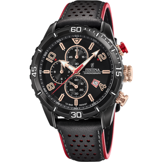 Pánské hodinky Festina TIMELESS CHRONOGRAPH F20519/4 – černý ciferník kožený řemínek – pohled zepředu