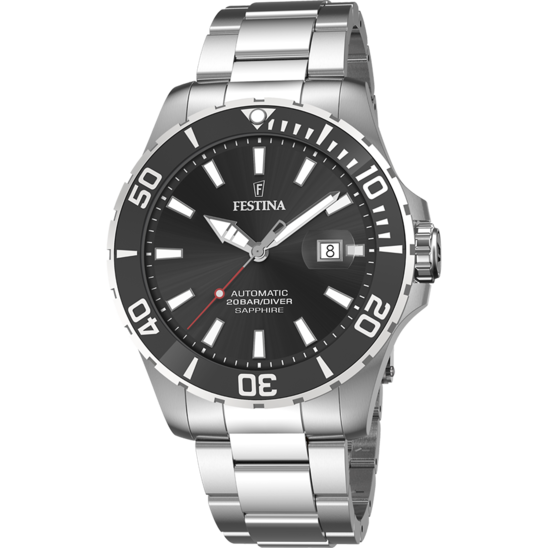 Montre homme Festina AUTOMATIC F20531/4 – cadran noir bracelet acier – vue de face