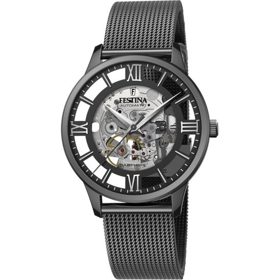 Montre homme Festina AUTOMATIC F20535/1 – cadran noir bracelet acier – vue de face