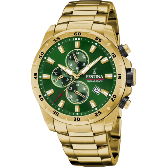 Montre homme Festina TIMELESS CHRONOGRAPH F20541/3 – cadran vert bracelet acier – vue de face