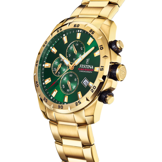 Montre homme Festina TIMELESS CHRONOGRAPH F20541/3 – cadran vert bracelet acier – vue de profil