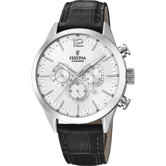 Montre homme Festina TIMELESS CHRONOGRAPH F20542/1 – cadran argenté bracelet cuir – vue de face