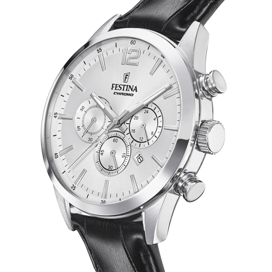 Montre homme Festina TIMELESS CHRONOGRAPH F20542/1 – cadran argenté bracelet cuir – vue de profil