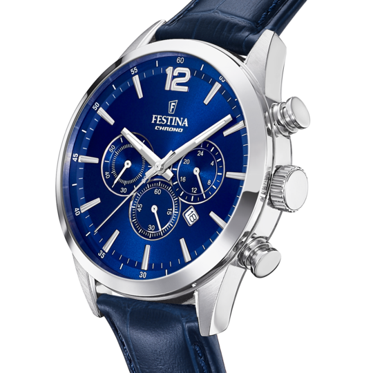 Montre homme Festina TIMELESS CHRONOGRAPH F20542/2 – cadran bleu marine bracelet cuir – vue de profil