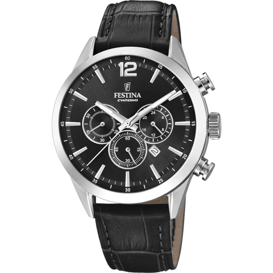 Montre homme Festina TIMELESS CHRONOGRAPH F20542/5 – cadran noir bracelet cuir – vue de face