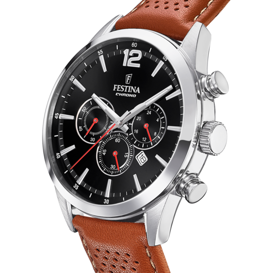Montre homme Festina TIMELESS CHRONOGRAPH F20542/6 – cadran noir bracelet cuir – vue de profil