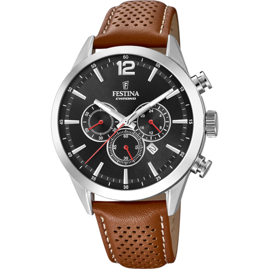 Montre homme Festina TIMELESS CHRONOGRAPH F20542/6 – cadran noir bracelet cuir – vue de face