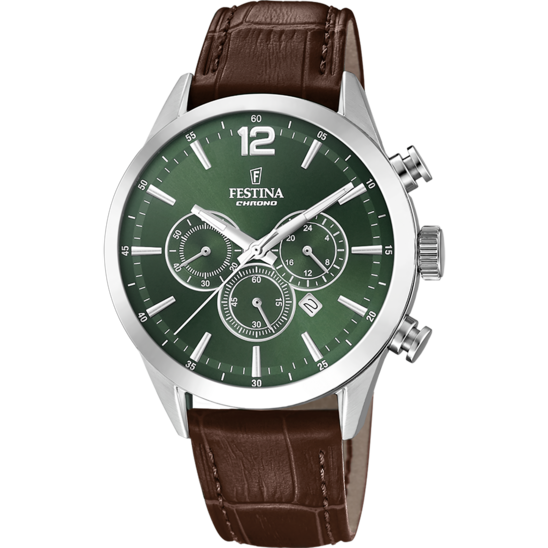 Montre homme Festina TIMELESS CHRONOGRAPH F20542/8 – cadran vert bracelet cuir – vue de face