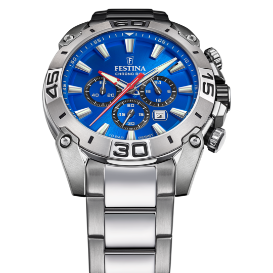 Montre homme Festina TIMELESS CHRONOGRAPH F20543/2 – cadran bleu bracelet acier – vue de profil 2