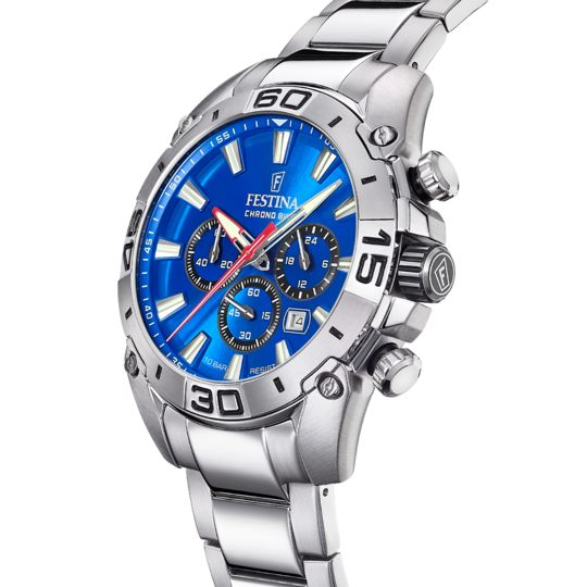 Montre homme Festina TIMELESS CHRONOGRAPH F20543/2 – cadran bleu bracelet acier – vue de profil