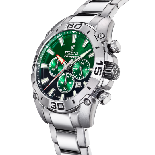 Montre homme Festina TIMELESS CHRONOGRAPH F20543/3 – cadran vert bracelet acier – vue de profil