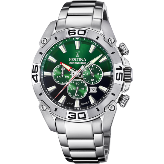 Montre homme Festina TIMELESS CHRONOGRAPH F20543/3 – cadran vert bracelet acier – vue de face