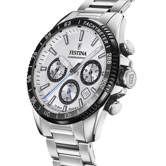 Montre homme Festina TIMELESS CHRONOGRAPH F20560/1 – cadran argenté bracelet acier – vue de profil