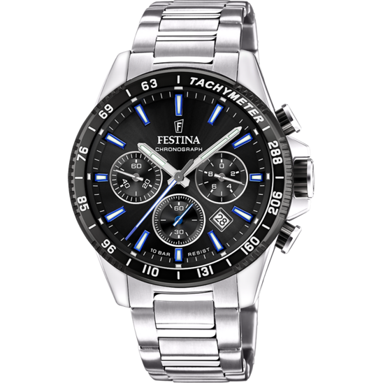 Montre homme Festina TIMELESS CHRONOGRAPH F20560/5 – cadran noir bracelet acier – vue de face