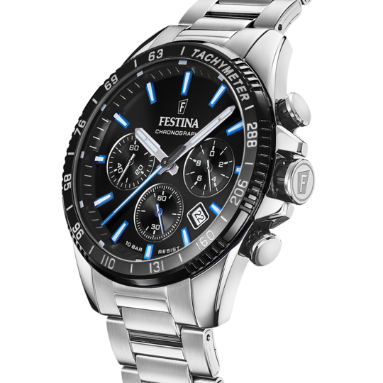 Montre homme Festina TIMELESS CHRONOGRAPH F20560/5 – cadran noir bracelet acier – vue de profil
