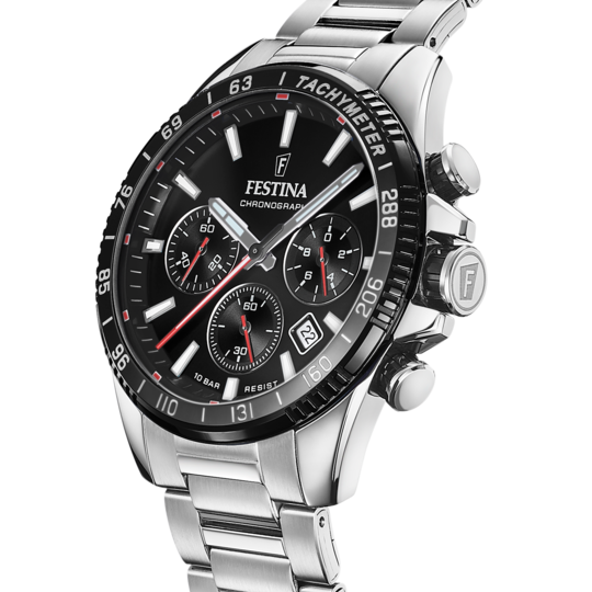 Montre homme Festina TIMELESS CHRONOGRAPH F20560/6 – cadran noir bracelet acier – vue de profil