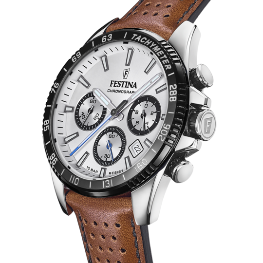 Montre homme Festina TIMELESS CHRONOGRAPH F20561/1 – cadran argenté bracelet cuir – vue de profil