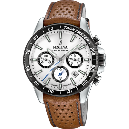 Montre homme Festina TIMELESS CHRONOGRAPH F20561/1 – cadran argenté bracelet cuir – vue de face