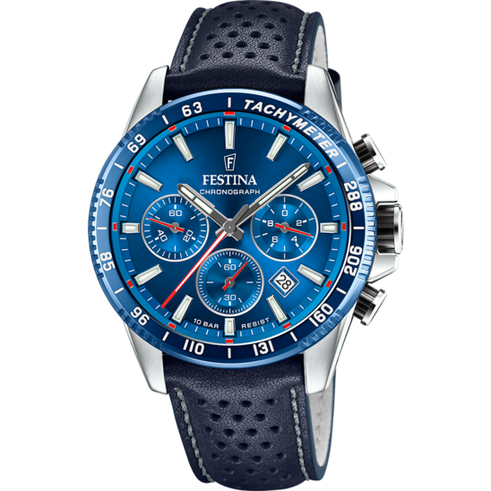 Montre homme Festina TIMELESS CHRONOGRAPH F20561/3 – cadran bleu bracelet cuir – vue de face