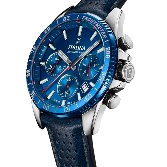 Montre homme Festina TIMELESS CHRONOGRAPH F20561/3 – cadran bleu bracelet cuir – vue de profil