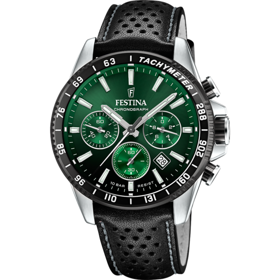 Pánské hodinky Festina TIMELESS CHRONOGRAPH F20561/5 – černý ciferník a zelený kožený řemínek – pohled zepředu