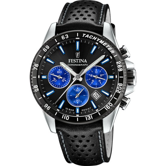 Pánské hodinky Festina TIMELESS CHRONOGRAPH F20561/6 – černý ciferník kožený řemínek – pohled zepředu