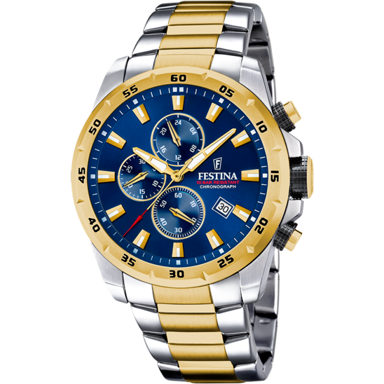 Pánské hodinky Festina TIMELESS CHRONOGRAPH F20562/2 – ocelový náramek s modrým ciferníkem – pohled zepředu
