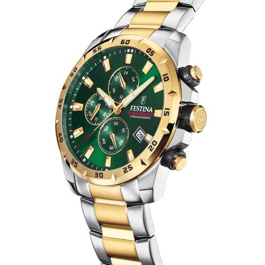 Pánské hodinky Festina TIMELESS CHRONOGRAPH F20562/3 – tmavě zelený ciferník ocelový náramek – pohled z profilu