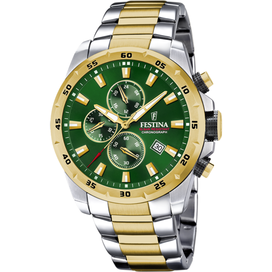Pánské hodinky Festina TIMELESS CHRONOGRAPH F20562/3 – tmavě zelený ciferník ocelový náramek – pohled zepředu