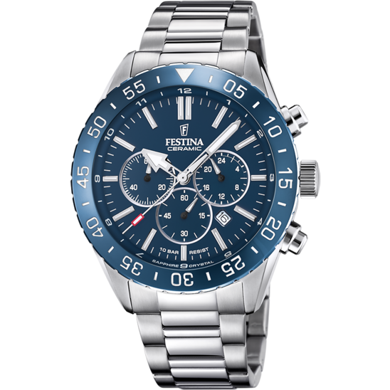Pánské hodinky Festina CERAMIC F20575/2 – ocelový náramek s modrým ciferníkem – pohled zepředu