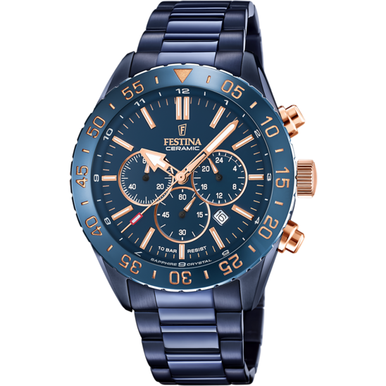 Pánské hodinky Festina CERAMIC F20576/1 – ocelový náramek s modrým ciferníkem – pohled zepředu