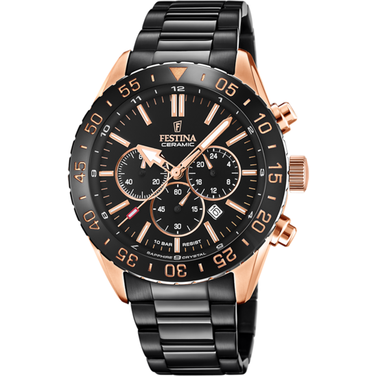 Pánské hodinky Festina CERAMIC F20578/1 – černý ciferník ocelový náramek – pohled zepředu