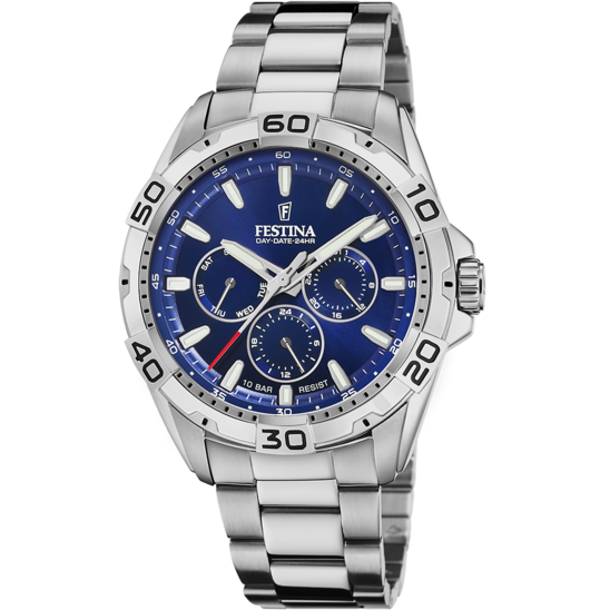 Montre homme Festina MULTIFUNCTION F20623/7 – cadran bleu bracelet acier – vue de face