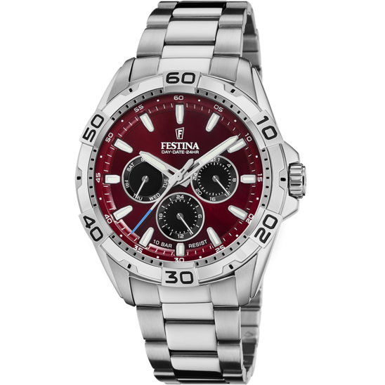 Montre homme Festina MULTIFUNCTION F20623/9 – cadran grenat bracelet acier – vue de face
