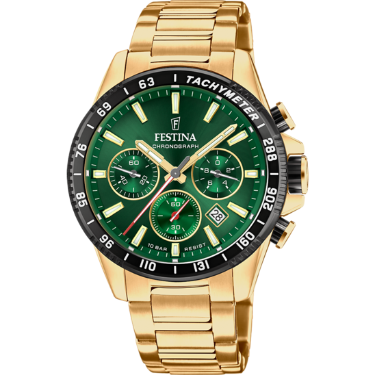 Montre homme Festina TIMELESS CHRONOGRAPH F20634/4 – cadran vert bracelet acier – vue de face
