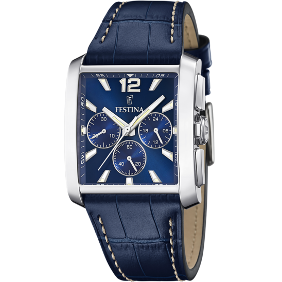 Montre homme Festina ON THE SQUARE F20636/2 – cadran bleu bracelet cuir – vue de face