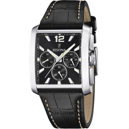 Montre homme Festina ON THE SQUARE F20636/4 – cadran noir bracelet cuir – vue de face