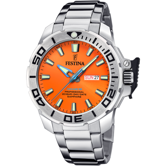 Montre homme Festina THE ORIGINALS F20665/5 – cadran orange bracelet acier – vue de face