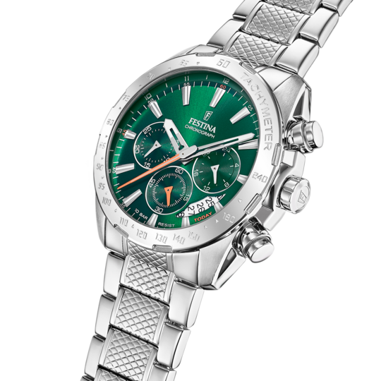 Pánské hodinky Festina TIMELESS CHRONOGRAPH F20668/3 – zelený ciferník ocelový náramek – pohled z profilu