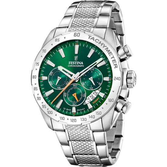 Pánské hodinky Festina TIMELESS CHRONOGRAPH F20668/3 – zelený ciferník ocelový náramek – pohled zepředu